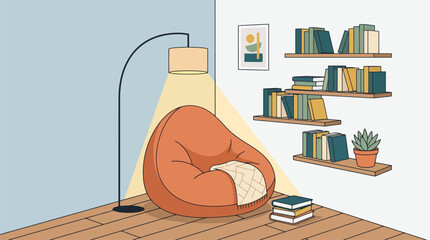 Cozy study interior illustration vector. Orange bean bag chair indoor room design. Calm home library with bookshelves and floor lamp. Bedroom reading corner decor. Scandinavian flat style © Miss