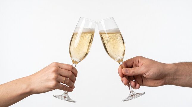 Two hands clinking champagne flutes filled with bubbly golden liquid against a white background