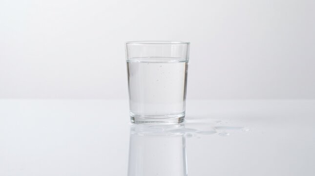 A clear glass of water with small bubbles and a few drops spilled on a reflective white surface