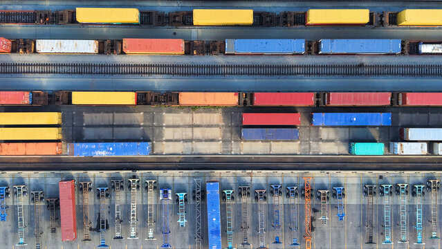 Aerial view cargo terminal logistics and containers transportation