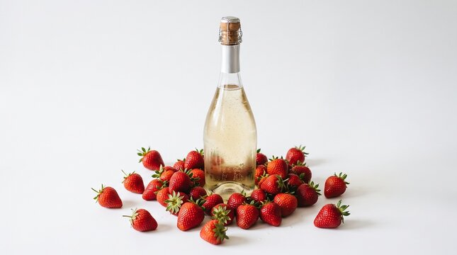 Bottle of sparkling wine surrounded by fresh ripe strawberries on a white background