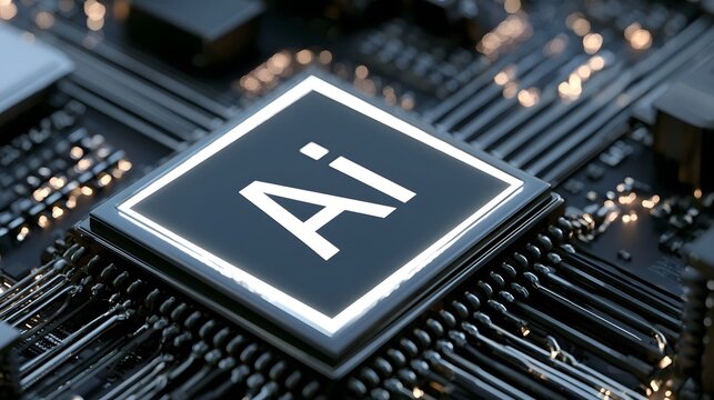 A glowing chip embedded on a circuit board with intricate metallic pathways and illuminated components