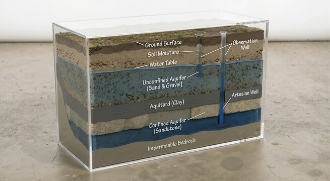 Geological cross section model of an aquifer system. 3D diagram showing groundwater layers and wells in an acrylic box. Earth science education
