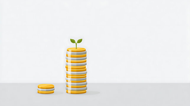 Stacked Coins Grow with Green Sprout, Symbolize Financial Investment Success, Growth, and Prosperity on a Clean Background