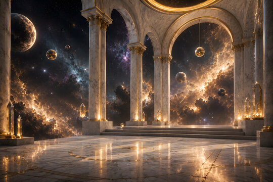 Luxury Cosmic Marble Temple with Golden Arches and Celestial Nebula View