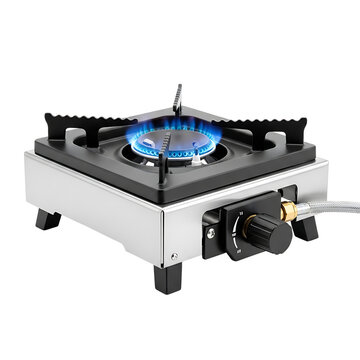 Portable Single Burner Gas Stove with Lit Blue Flame on White Background for Camping and Outdoor Cooking