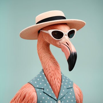 Flamingo wearing cat-eye sunglasses, sun hat and polka dot blouse. 1950s fashion, glamour, retro portrait and animal humor concept