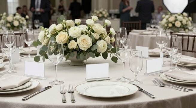 Rectangular clear acrylic place card holders on a formal banquet table. Elegant wedding reception setting with white floral centerpiece and blank cards. Copy space for text
