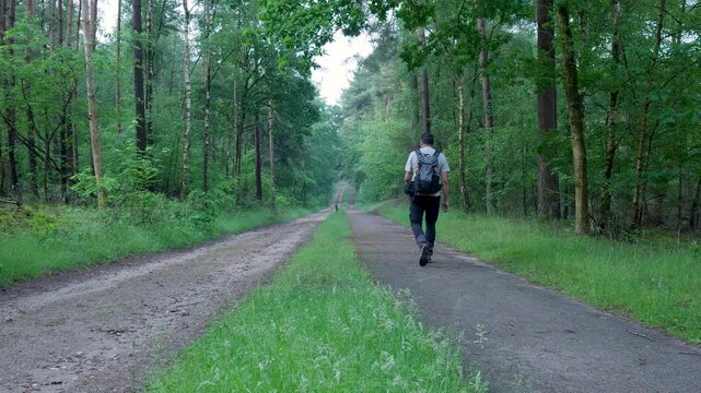 Man with a backpack walking down a lush green forest path