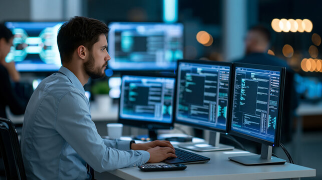 Faceless cybersecurity professional monitoring real-time alerts on multiple screens at night, threat detection concept, defocused office background, with copy space