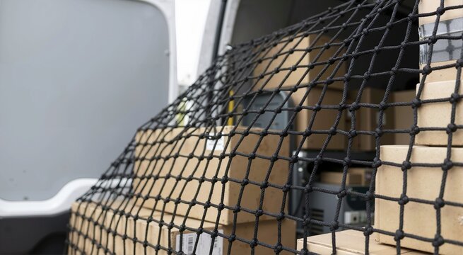 Black cargo net securing cardboard boxes in delivery van. Uniform square mesh pattern protecting freight load during transport