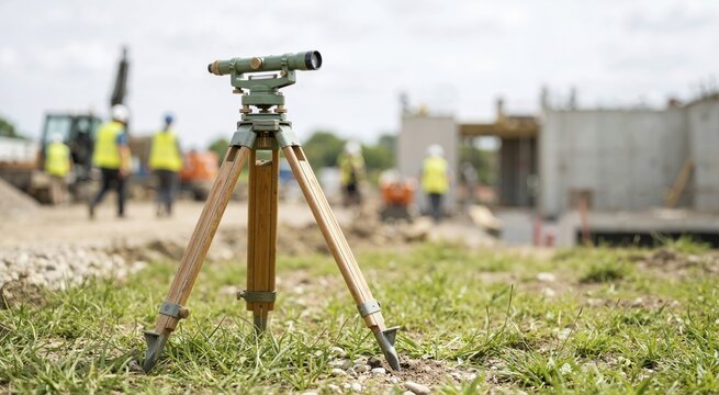 Optical dumpy level instrument on a wooden tripod at a construction site. Land surveying equipment with blurred workers in the background