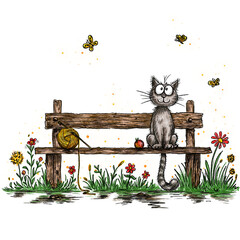 A gray cat sits on a park bench with a ball of yarn amidst flowers and butterflies.