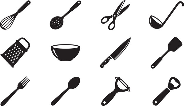 A collection of assorted kitchen utensils and cooking tools presented in a clean and minimalist black and white icon set silhouette