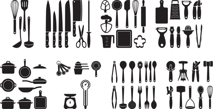 Set of various kitchen utensils and cooking tools represented as a detailed collection of black icons in a flat graphic design silhouette