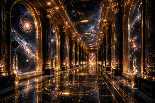 Luxury Galaxy Corridor with Black Marble Columns and Golden Cosmic Architecture