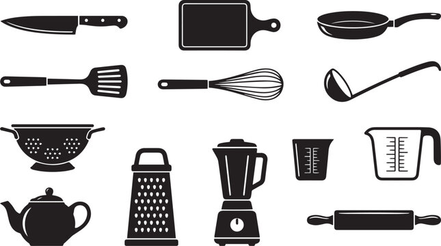 A collection of various kitchen utensils and cooking equipment presented in a clean and simple black and white graphic design silhouette