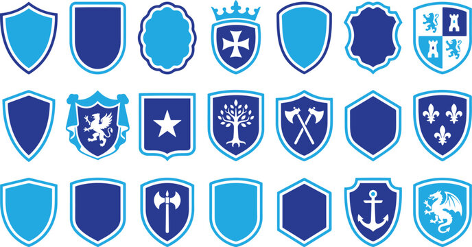 Blue Shield Icons Set Protection And Security Symbols Vector Illustration