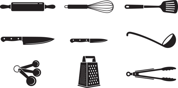 A collection of various kitchen cooking utensils and baking tools displayed as a set of flat black icons in a minimalist silhouette