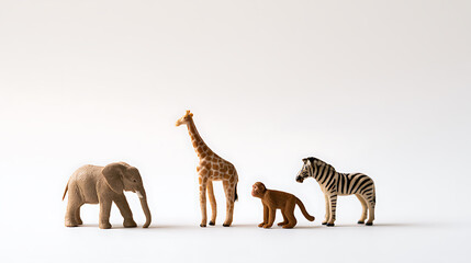 Obraz premium A lineup of diverse toy safari animals including an elephant, giraffe, monkey, and zebra, standing together on a clean white background