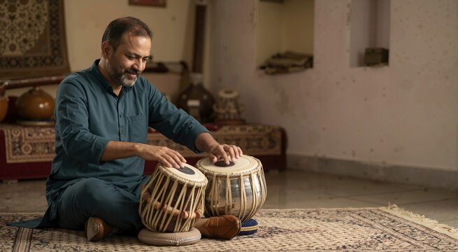 Indian man playing traditional tabla drums while sitting on a rug. Smiling male musician in a teal kurta practicing classical percussion music indoors