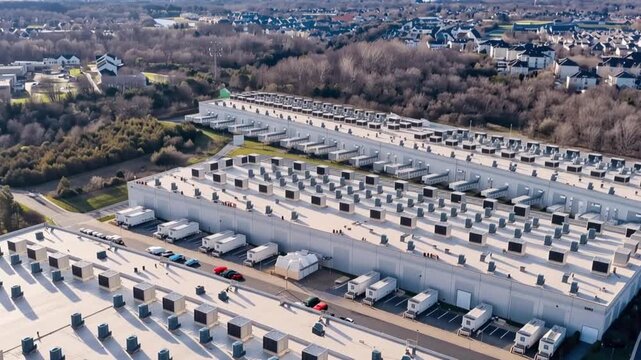 Technology and data storage mega data center. Aerial view.