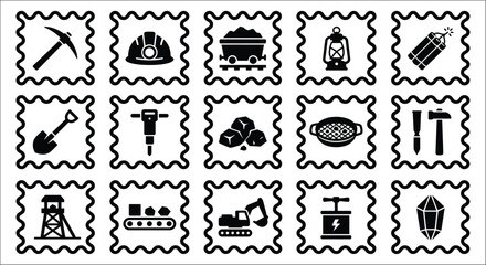 Mining Tools And Equipment Silhouettes A Collection Of Black Icons On White Backgrounds pickaxe shovel © vectors home
