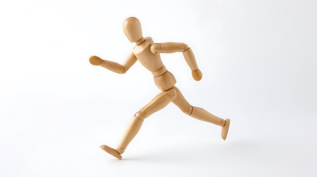 Wooden Articulated Figure in a Dynamic Running Pose Isolated on a Clean White Background, Symbolizing Movement, Progress, and Urgency
