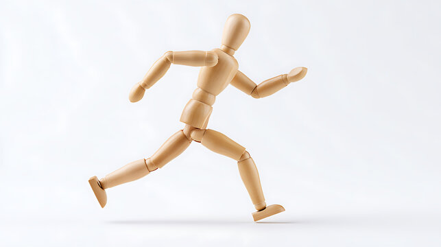 Wooden Articulated Figure Run, Dynamic Motion, Progress Concept, Minimalist White Background, Symbol of Urgency, Action and Forward Drive