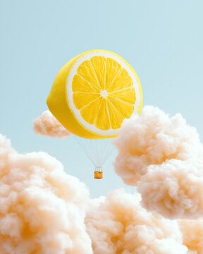 Surreal Lemon Slice with Tiny Lighthouse Floating on Clouds