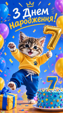 An adorable kitten in colorful clothes joyfully celebrates a seventh birthday with a festive cake, balloons, gift box, confetti, and a golden number seven balloon. Сheerful birthday party concept.