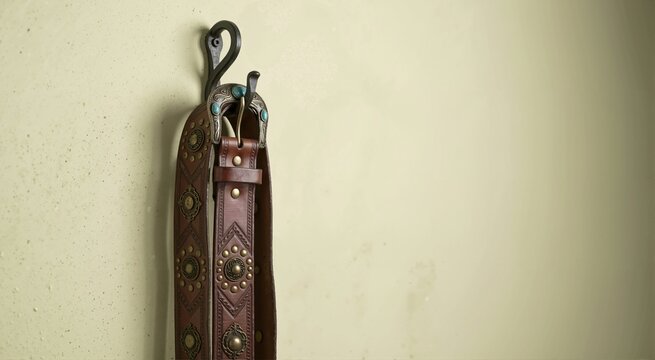 Ornamental brown leather belt hanging on a metal hook. Western style accessory with brass and turquoise details. Copy space for text