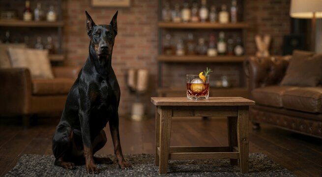 Black Doberman Pinscher sitting next to a cocktail on a wooden stool. Purebred dog in an upscale lounge with a leather sofa and brick wall