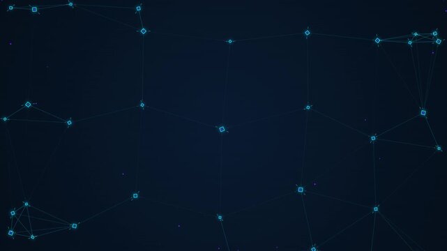 Blockchain network connection. Digital data nodes linked by glowing lines in cyberspace.