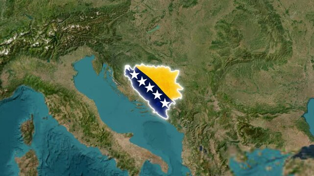 Bosnia and herzegovina map with national flag overlay on satellite earth globe animation balkans europe