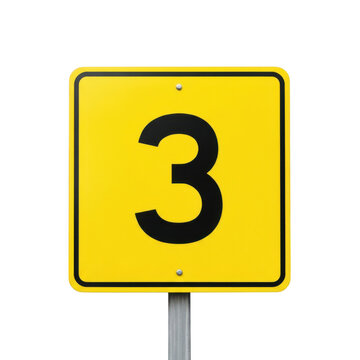A bright yellow square road sign featuring the bold black number three