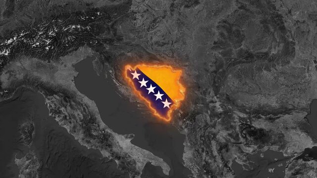 Glowing map of bosnia and herzegovina with national flag texture on dark satellite background balkans
