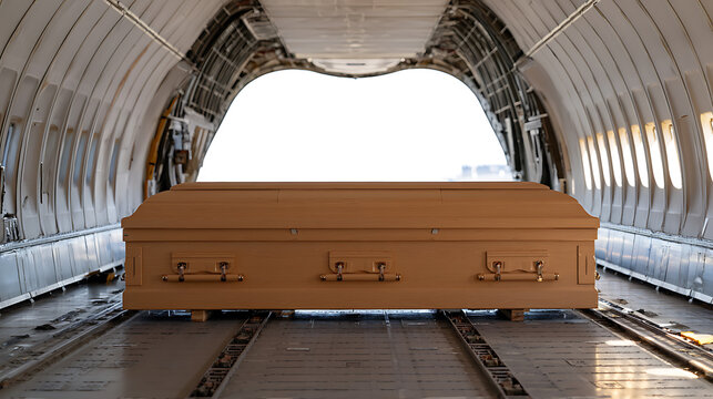 Wooden burial container inside an aircraft cargo hold, awaiting transport, symbolizing final journeys and solemn travel, viewed from a low angle