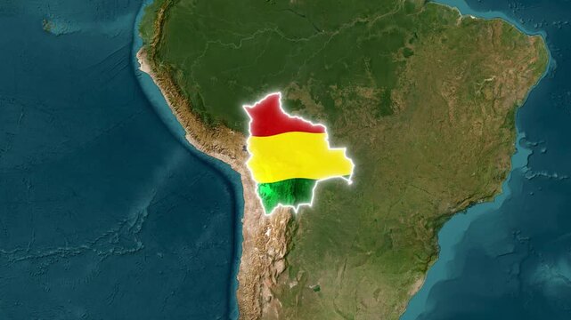 Bolivia country map with national flag overlay and glowing border animation south america