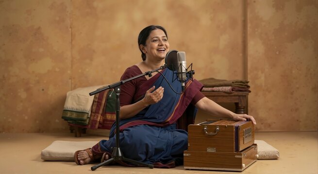 Indian woman in a sari singing into a studio microphone. Female vocalist performing traditional music with a wooden harmonium