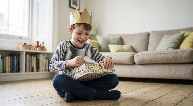 Excited young boy wearing a gold crown opening a birthday gift. Smiling child unwrapping a colorful present while sitting on the floor in a living room