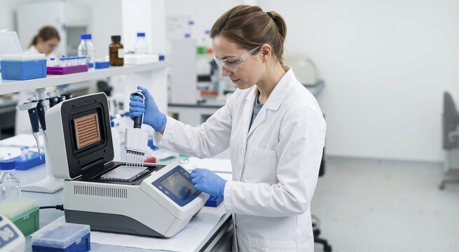 Researcher loading samples into a PCR machine in a laboratory. Scientific research and biotechnology experiment