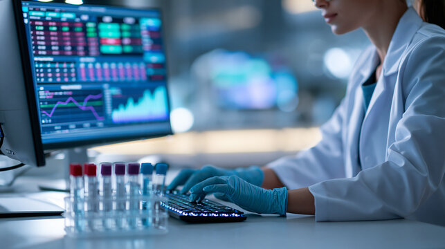 Faceless lab scientist sitting behind monitor logging tube results, scientific data analysis concept, defocused laboratory background, with copy space