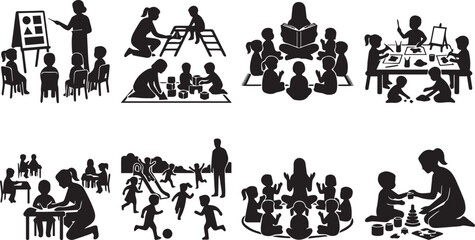 Obraz premium Kindergarten daycare school learning activities with teacher and children black vector icon set isolated on white