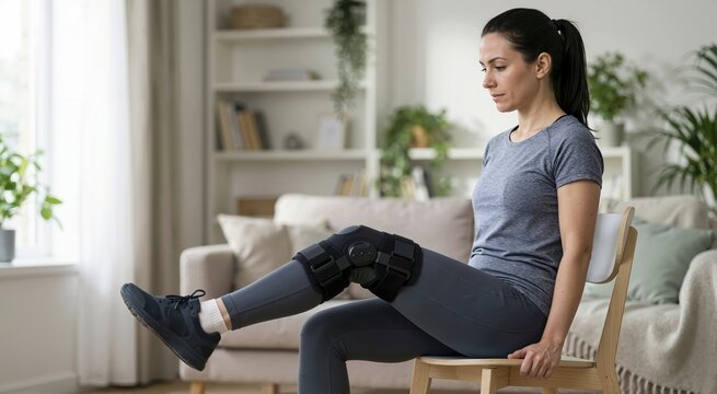 Woman wearing a hinged knee brace for support and stabilization. Female patient doing leg extension exercise on a chair at home. Orthopedic injury recovery and physical therapy