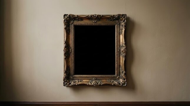 Antique gold ornate picture frame on plain wall.