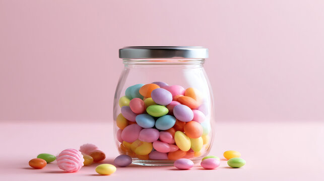 Glass jar filled with colorful pastel candies on pink background. Tasty sweets and sugar treats for celebration, party, birthday or festive d&eacute;cor.