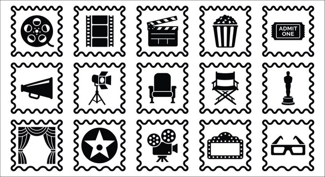 Film Industry Icon Set Black And White Pictograms In Decorative Stamp Frames cinema movie theater