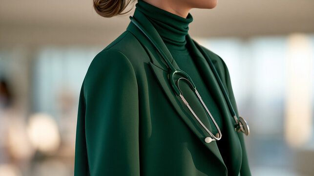 Faceless medical professional in green blazer, healthcare profile and corporate portrait concept, defocused background, with copy space