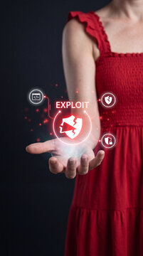 Businesswoman Presenting Exploit Warning Cybersecurity Hologram Interface